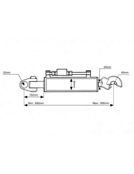 Hydraulic Top Link Cat.3/3 Knuckle and Q.R CBM Hook, Cylinder Bore 90 mm, Min. Length 690 mm